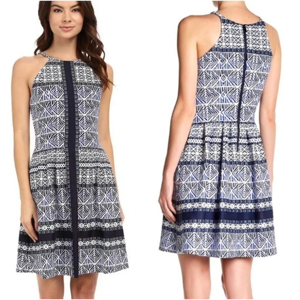 Vince Camuto Halter Scuba Fit & Flare Geometric Patterned Navy and White Dress